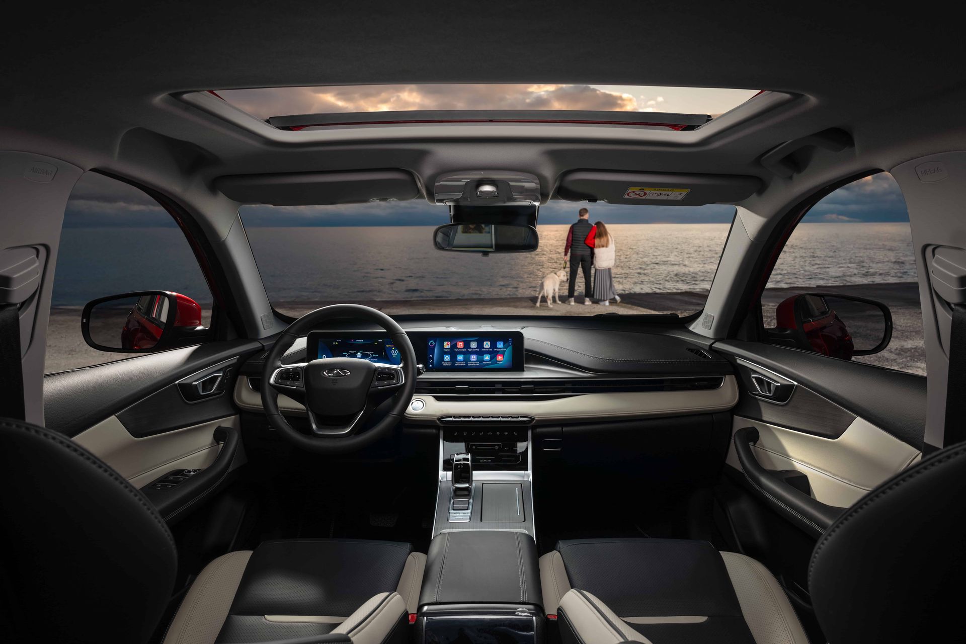 Черная кожа с белыми вставками